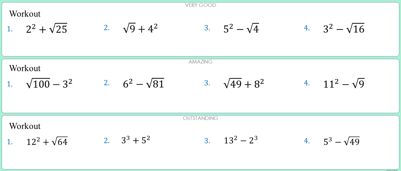 Squares, Cubes and roots calculations